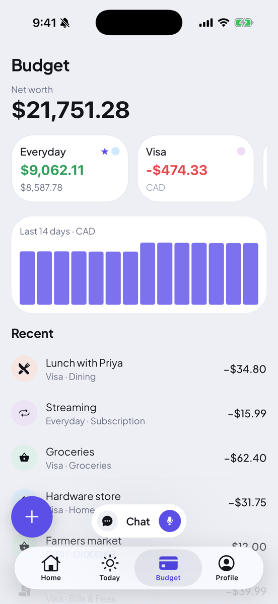 Budget screen showing net worth across accounts, the accounts themselves, spending over the last fortnight and recent activity.