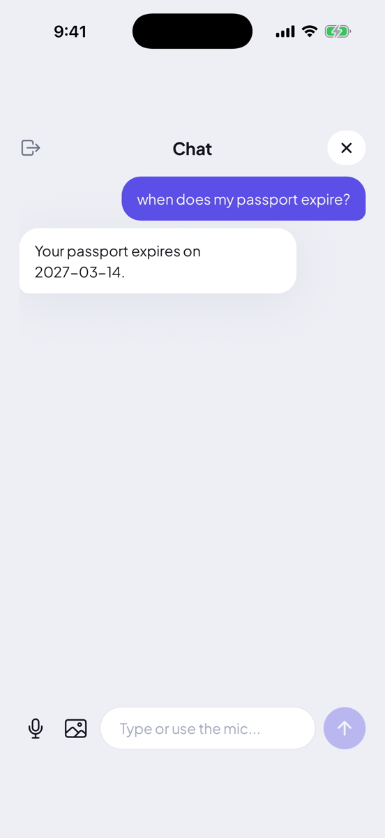Chat screen. The user asks: when does my passport expire? The app answers: Your passport expires on 2027-03-14.