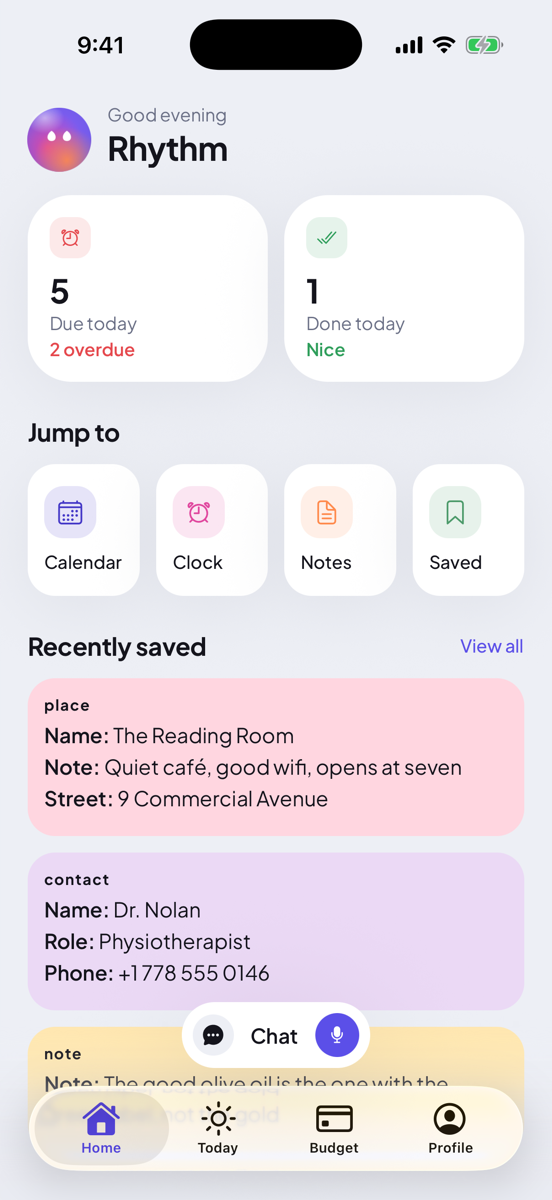 Home screen: 5 due today with 2 overdue, 1 done today, shortcuts to Calendar, Clock, Notes and Saved, and recently saved memory cards.