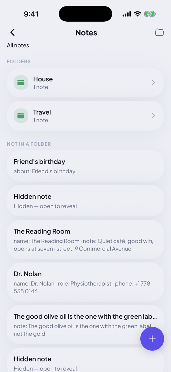 Notes screen with folders and loose notes.