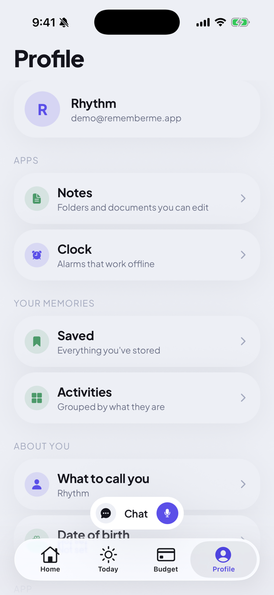 Profile screen with name, date of birth, links to Notes, Clock, Saved and Activities, appearance setting, and account actions.
