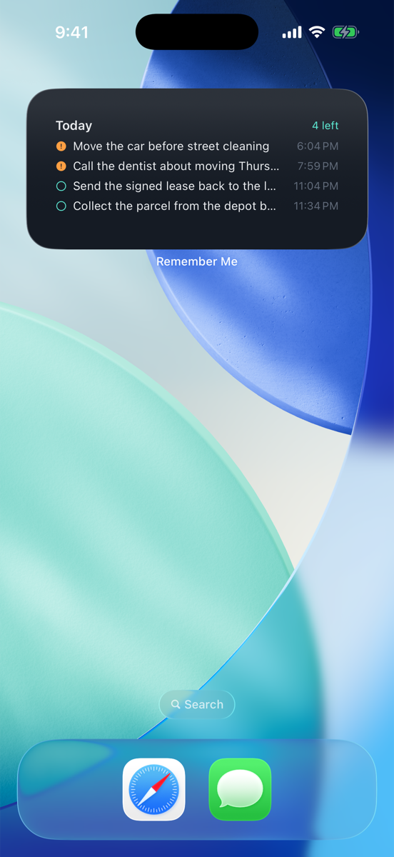 The Today widget on the phone's home screen showing what is left today.